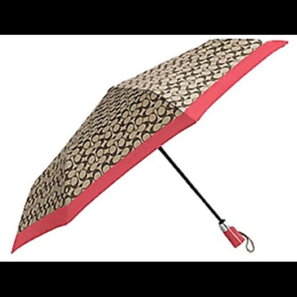 Coach Signature Umbrella with Cherry 🍒 Red Trim.